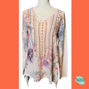 Cupio Purple and Cream Asymmetrical or Shark Bite Hem Long Sleeve Tunic Large